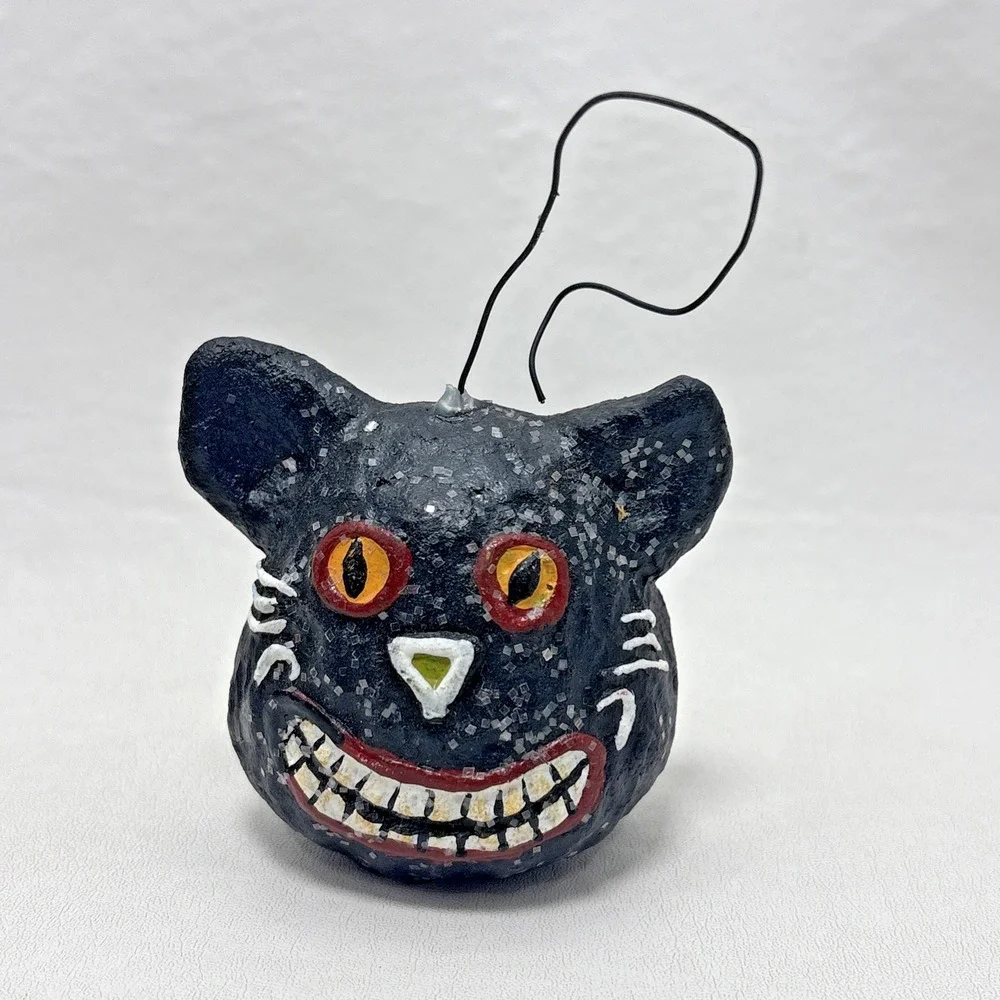Dept 56 Halloween Paper Mache Black Cat Smiling Head Sparkle Vintage